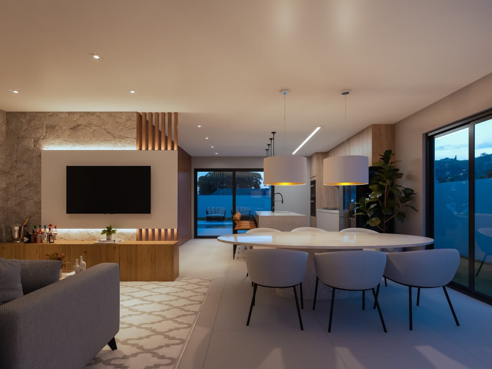 Sala de estar integrada de casa de alto padrão em Cacupé